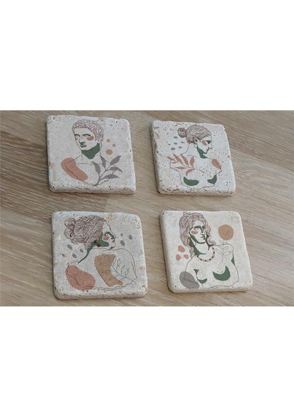Line Art Heykel Portre Doğal Taş Bardak Altlığı 4'lü Set - Natural Stone Coasters