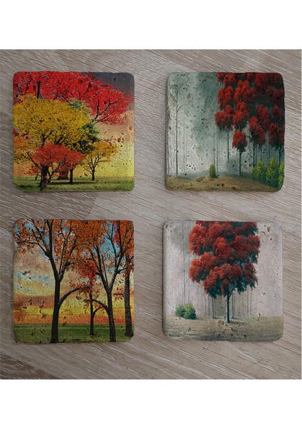 Kırmızı Ağaçlar Doğal Taş Bardak Altlığı 4'lü Set - Natural Stone Coasters fiyatları