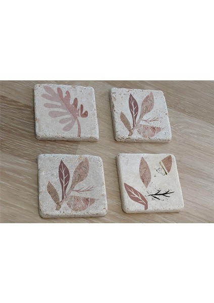 Pembe Desenli Yapraklar Doğal Taş Bardak Altlığı 4'lü Set - Natural Stone Coasters