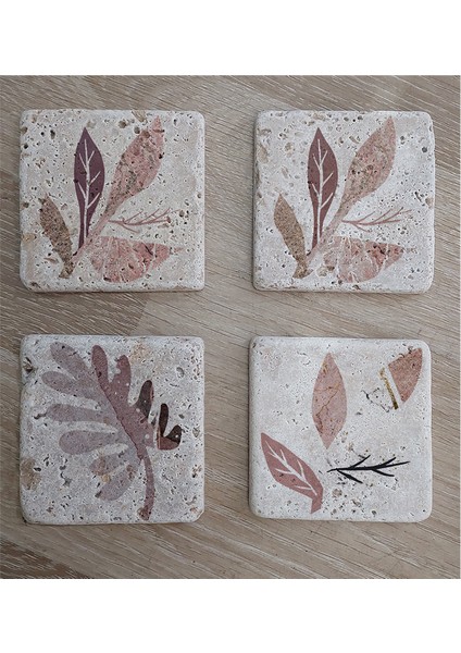 Pembe Desenli Yapraklar Doğal Taş Bardak Altlığı 4'lü Set - Natural Stone Coasters fiyatları