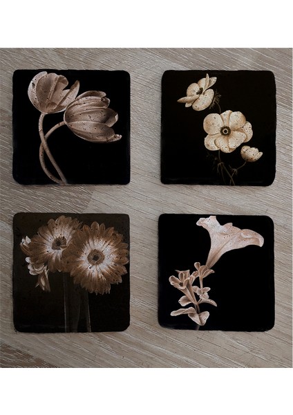 Siyah Zemin Lale Gerbera ve Çiçekler Doğal Taş Bardak Altlığı 4'lü Set - Natural Stone Coasters fiyatları
