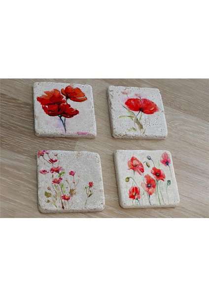 Kırmızı Şakayıklar Doğal Taş Bardak Altlığı 4'lü Set - Natural Stone Coasters