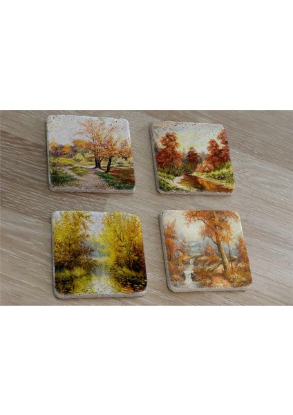 Sonbahar Manzarası Doğal Taş Bardak Altlığı 4'lü Set - Natural Stone Coasters