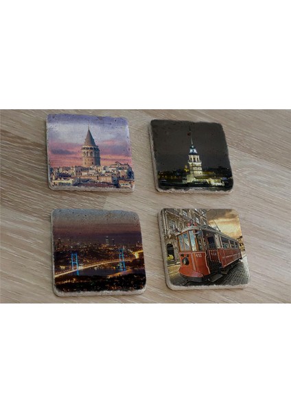 Istanbul Manzaraları Doğal Taş Bardak Altlığı 4'lü Set - Natural Stone Coasters