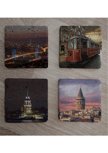 Istanbul Manzaraları Doğal Taş Bardak Altlığı 4'lü Set - Natural Stone Coasters