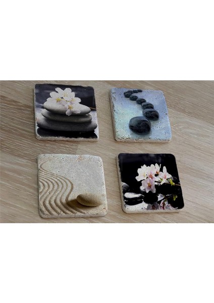 Spa Taşları ve Kiraz Çiçeği Doğal Taş Bardak Altlığı 4'lü Set - Natural Stone Coasters