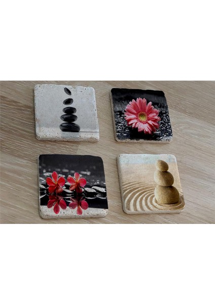 Spa Taşları ve Kırmızı Gerbera Çiçeği Doğal Taş Bardak Altlığı 4'lü Set - Natural Stone Coasters