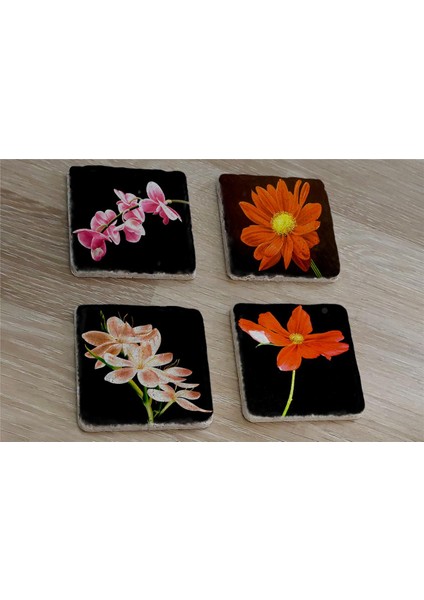 Siyah Zemin Orkide ve Gerbera Çiçekleri Doğal Taş Bardak Altlığı 4'lü Set - Natural Stone Coasters