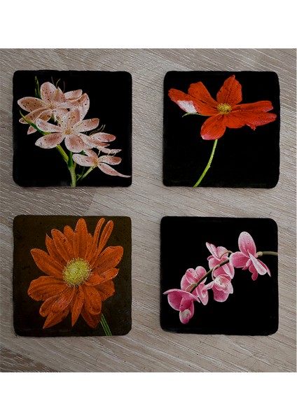Siyah Zemin Orkide ve Gerbera Çiçekleri Doğal Taş Bardak Altlığı 4'lü Set - Natural Stone Coasters fiyatları