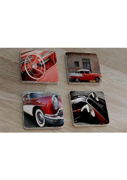 Klasik Kırmızı Arabalar Doğal Taş Bardak Altlığı 4'lü Set - Natural Stone Coasters