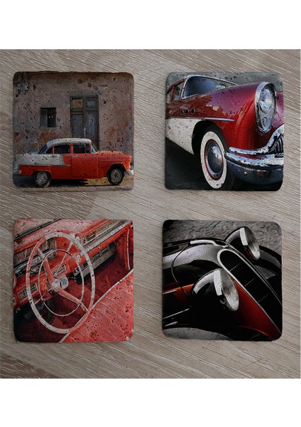 Klasik Kırmızı Arabalar Doğal Taş Bardak Altlığı 4'lü Set - Natural Stone Coasters fiyatları