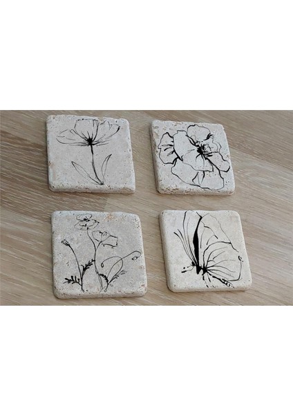 Line Art Çiçek ve Kelebek Doğal Taş Bardak Altlığı 4'lü Set - Natural Stone Coasters
