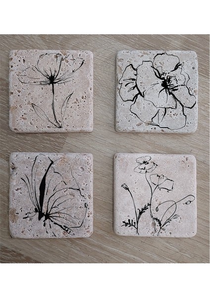 Line Art Çiçek ve Kelebek Doğal Taş Bardak Altlığı 4'lü Set - Natural Stone Coasters fiyatları