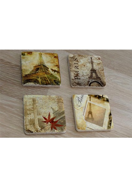 Kolaj Eyfel ve Paris Doğal Taş Bardak Altlığı 4'lü Set - Natural Stone Coasters