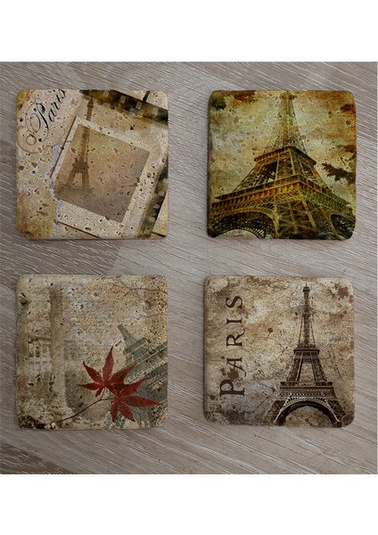 Kolaj Eyfel ve Paris Doğal Taş Bardak Altlığı 4'lü Set - Natural Stone Coasters fiyatları