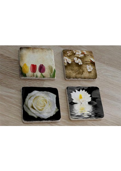 Renkli Laleler ve Çiçekler Doğal Taş Bardak Altlığı 4'lü Set - Natural Stone Coasters