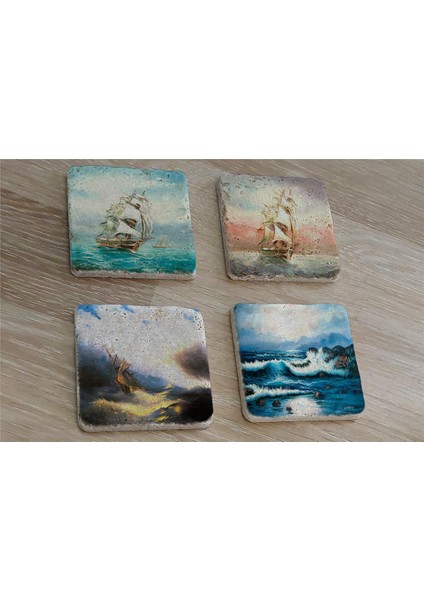 Ivan Aivazovsky Deniz ve Yelkenliler Doğal Taş Bardak Altlığı 4'lü Set - Natural Stone Coasters