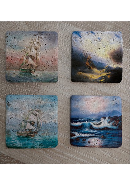 Ivan Aivazovsky Deniz ve Yelkenliler Doğal Taş Bardak Altlığı 4'lü Set - Natural Stone Coasters fiyatları