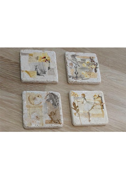 Vintage Figür Kolaj Doğal Taş Bardak Altlığı 4'lü Set - Natural Stone Coasters