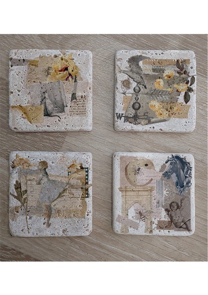 Vintage Figür Kolaj Doğal Taş Bardak Altlığı 4'lü Set - Natural Stone Coasters fiyatları