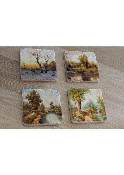 Doğa Manzarası Doğal Taş Bardak Altlığı 4'lü Set - Natural Stone Coasters