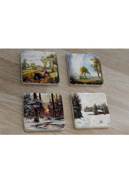 Doğa ve Orman Manzarası Doğal Taş Bardak Altlığı 4'lü Set - Natural Stone Coasters