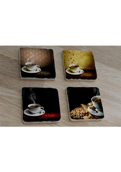 Bardakta Sıcak Kahveler Doğal Taş Bardak Altlığı 4'lü Set - Natural Stone Coasters
