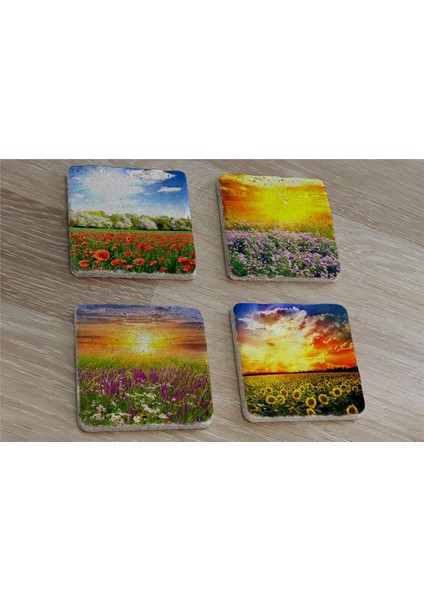 Bahar Çiçekleri Doğal Taş Bardak Altlığı 4'lü Set - Natural Stone Coasters