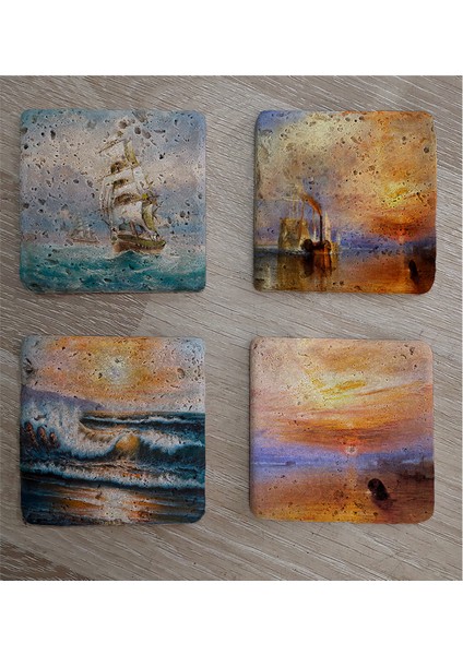 Jmv Turner Gün Batımı ve Yelkenliler Doğal Taş Bardak Altlığı 4'lü Set - Natural Stone Coasters