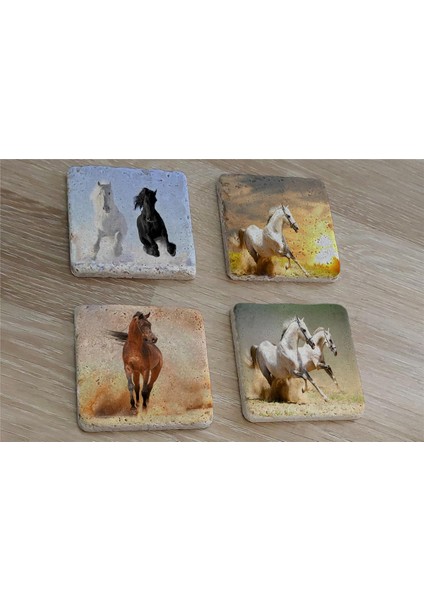Koşan Atlar Doğal Taş Bardak Altlığı 4'lü Set - Natural Stone Coasters