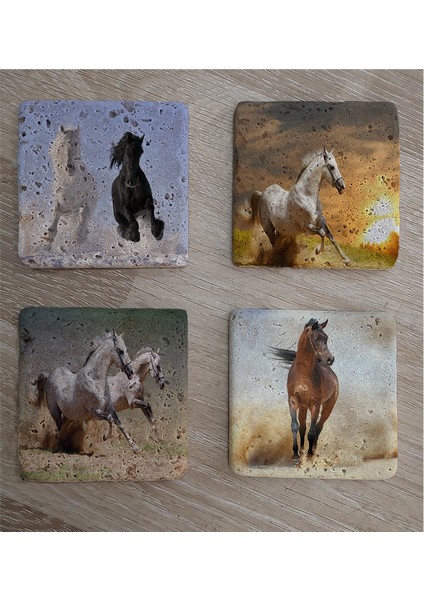 Koşan Atlar Doğal Taş Bardak Altlığı 4'lü Set - Natural Stone Coasters fiyatları