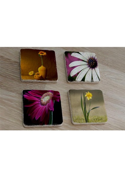 Papatya ve Çiçekler Doğal Taş Bardak Altlığı 4'lü Set - Natural Stone Coasters