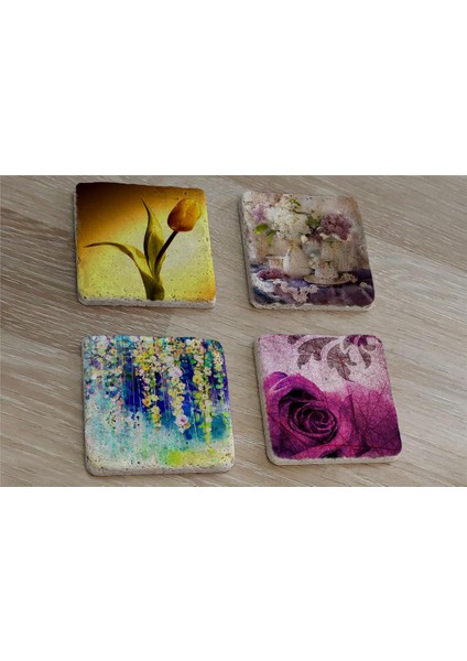Lale ve Çiçekler Doğal Taş Bardak Altlığı 4'lü Set - Natural Stone Coasters