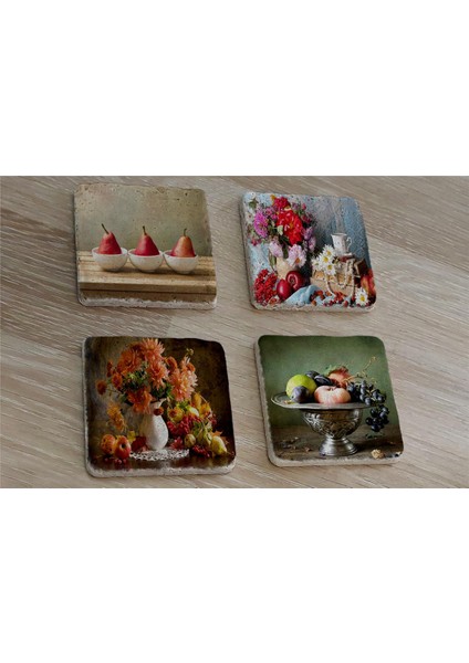 Armut Meyveler ve Çiçekler Doğal Taş Bardak Altlığı 4'lü Set - Natural Stone Coasters