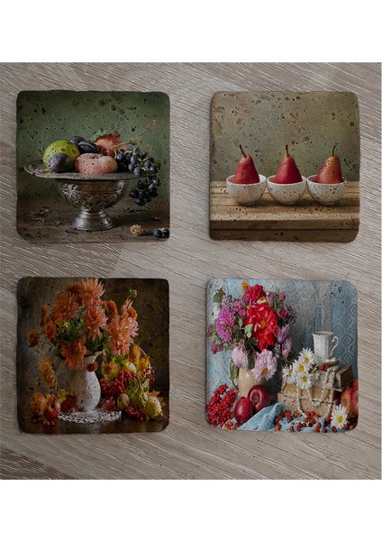 Armut Meyveler ve Çiçekler Doğal Taş Bardak Altlığı 4'lü Set - Natural Stone Coasters fiyatları