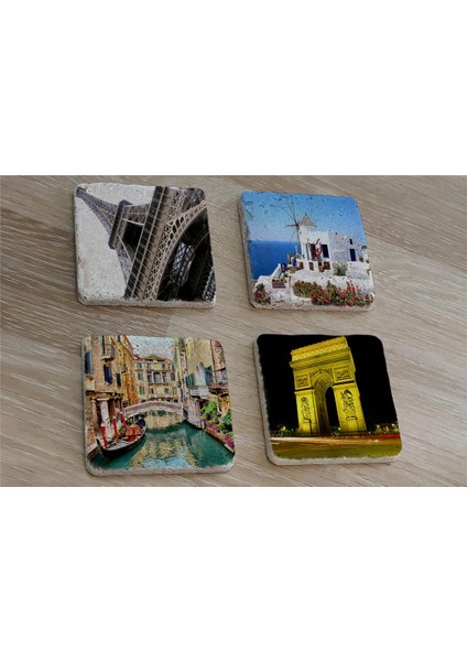 Eyfel Kulesi Santorini Venedik ve Zafer Takı Doğal Taş Bardak Altlığı 4'lü Set - Natural Stone Coasters