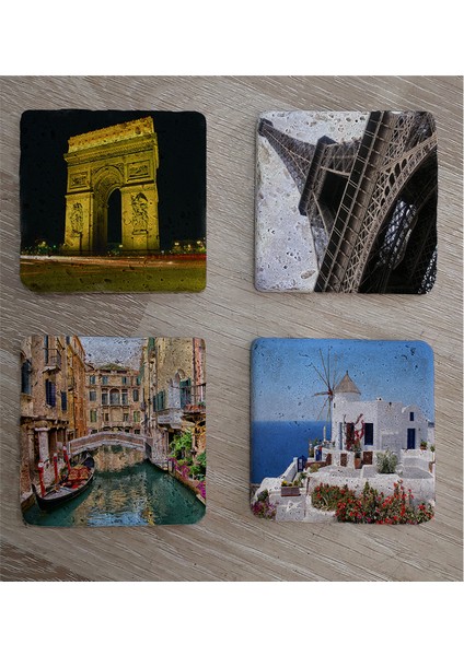 Eyfel Kulesi Santorini Venedik ve Zafer Takı Doğal Taş Bardak Altlığı 4'lü Set - Natural Stone Coasters fiyatları