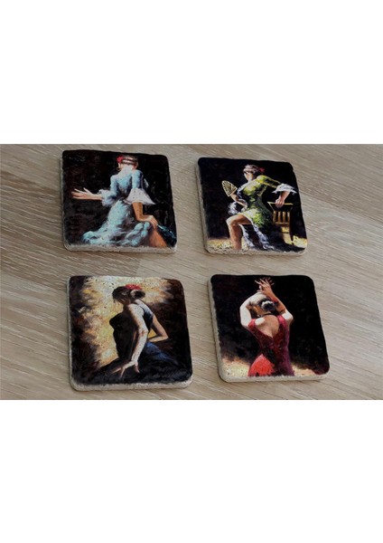 Ispanyol Dansçı Kadınlar Doğal Taş Bardak Altlığı 4'lü Set - Natural Stone Coasters