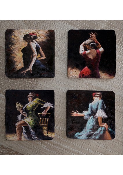 Ispanyol Dansçı Kadınlar Doğal Taş Bardak Altlığı 4'lü Set - Natural Stone Coasters fiyatları
