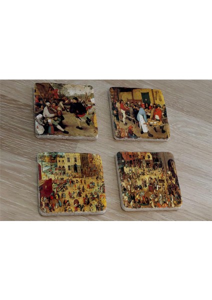 Pieter Brueghel Çocuk Oyunları ve Eserleri Doğal Taş Bardak Altlığı 4'lü Set - Natural Stone Coasters