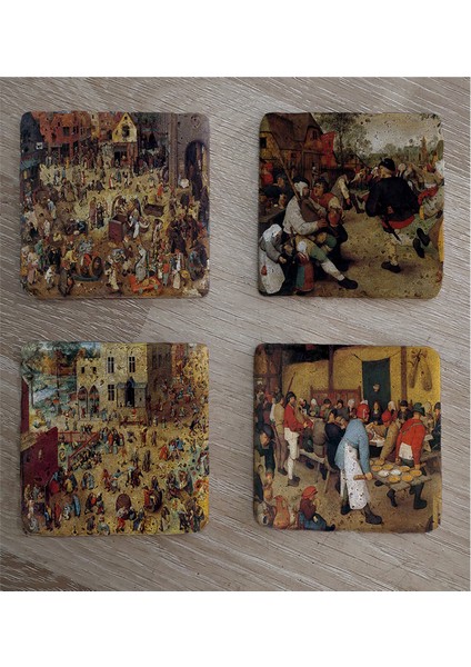Pieter Brueghel Çocuk Oyunları ve Eserleri Doğal Taş Bardak Altlığı 4'lü Set - Natural Stone Coasters fiyatları