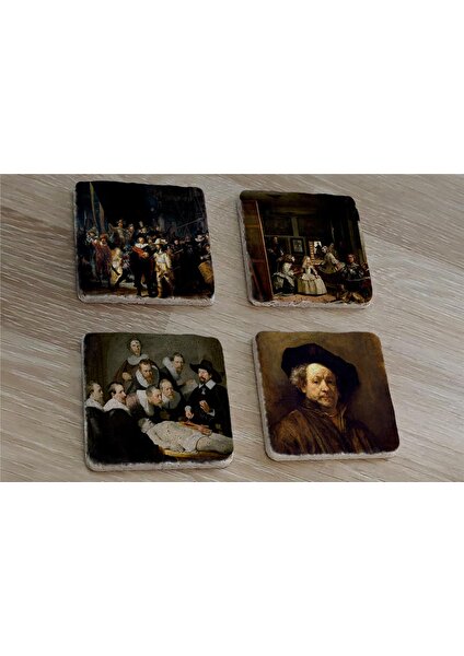 Rembrandt Otoportre ve Eserleri Doğal Taş Bardak Altlığı 4'lü Set - Natural Stone Coasters