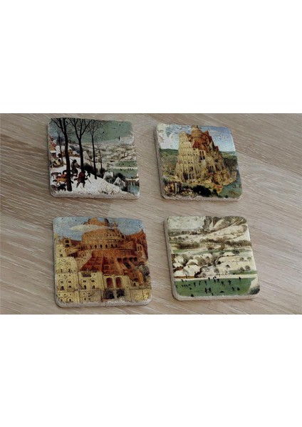 Pieter Brueghel Babil Kulesi ve Eserleri Doğal Taş Bardak Altlığı 4'lü Set - Natural Stone Coasters