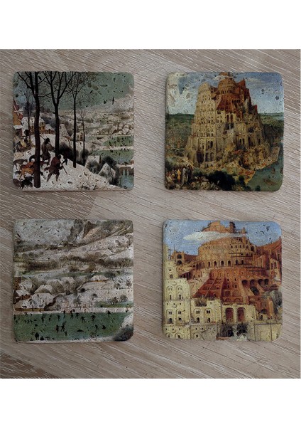 Pieter Brueghel Babil Kulesi ve Eserleri Doğal Taş Bardak Altlığı 4'lü Set - Natural Stone Coasters
