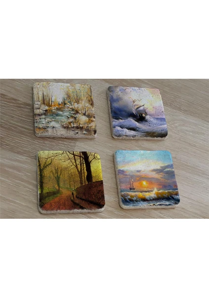 Deniz ve Doğa Manzaraları Doğal Taş Bardak Altlığı 4'lü Set - Natural Stone Coasters