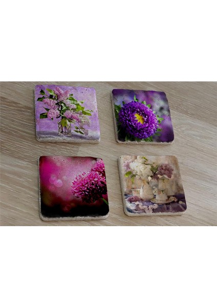 Mor Çiçekler Doğal Taş Bardak Altlığı 4'lü Set - Natural Stone Coasters