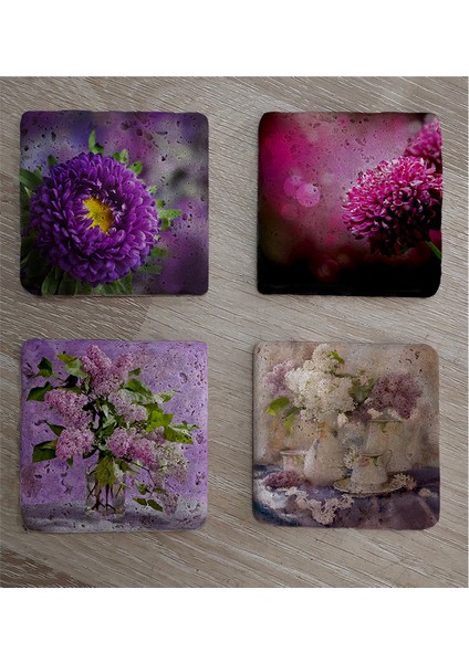 Mor Çiçekler Doğal Taş Bardak Altlığı 4'lü Set - Natural Stone Coasters