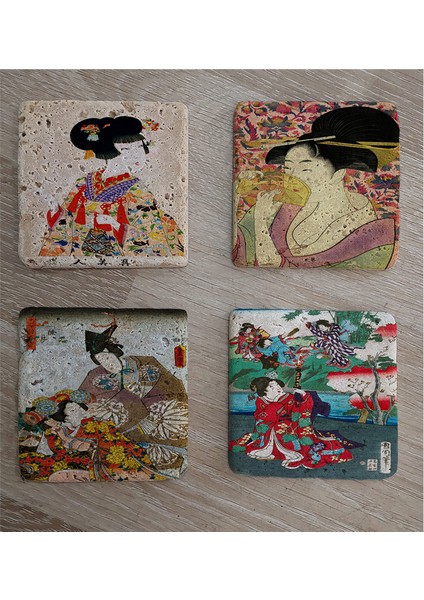 Japon Sanatı Kadınları Doğal Taş Bardak Altlığı 4'lü Set - Natural Stone Coasters fiyatları
