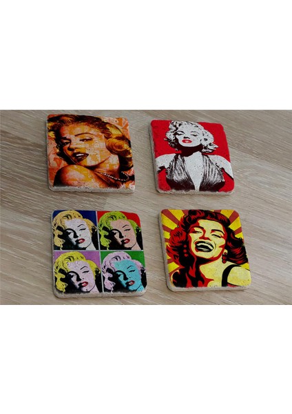 Marilyn Monroe Pop Art ve Portreleri Doğal Taş Bardak Altlığı 4'lü Set - Natural Stone Coasters