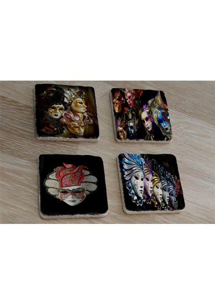 Venedik Masklar Doğal Taş Bardak Altlığı 4'lü Set - Natural Stone Coasters